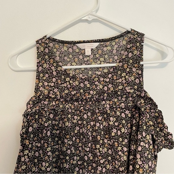 LC LAUREN CONRAD Ruffle Cold Shoulder Top Black Lilac Lavender Multi Floral Boho - Picture 6 of 12